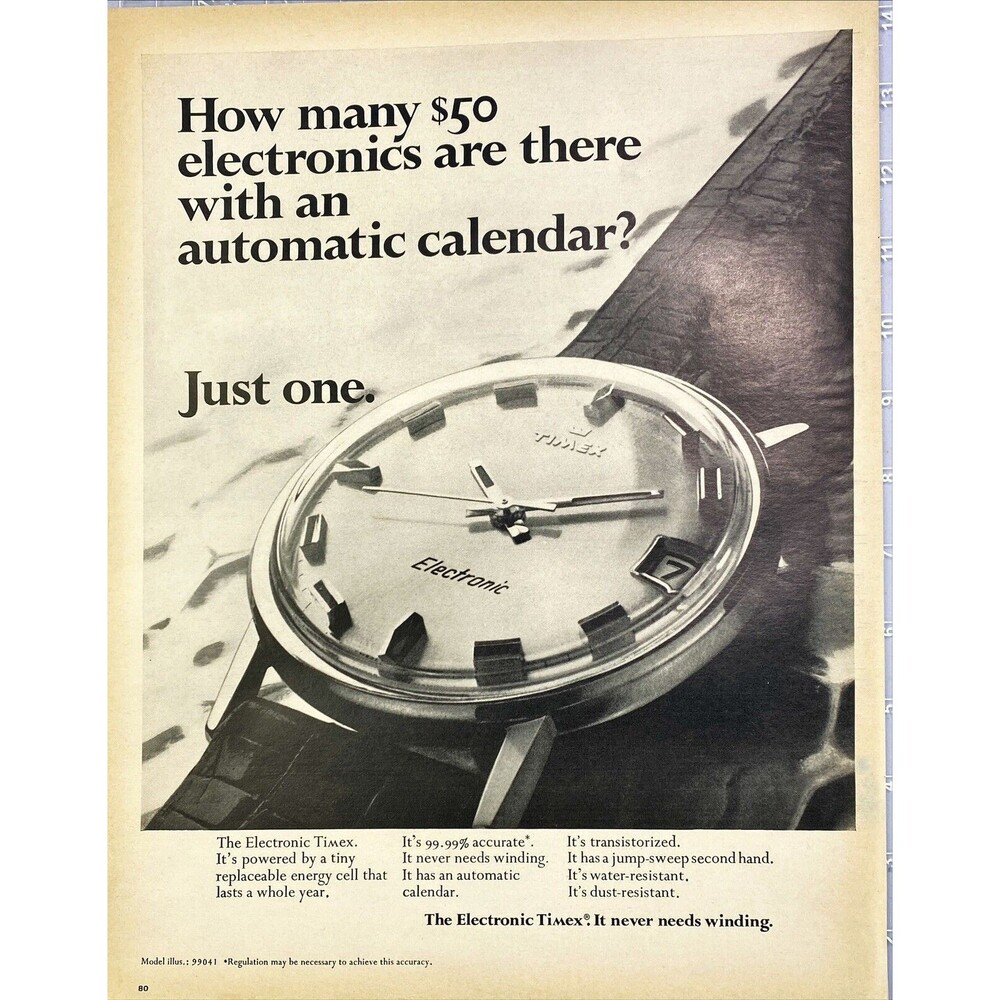 The Electronic Timex Watch "It Never Needs Winding" Vintage Print Ad 1970